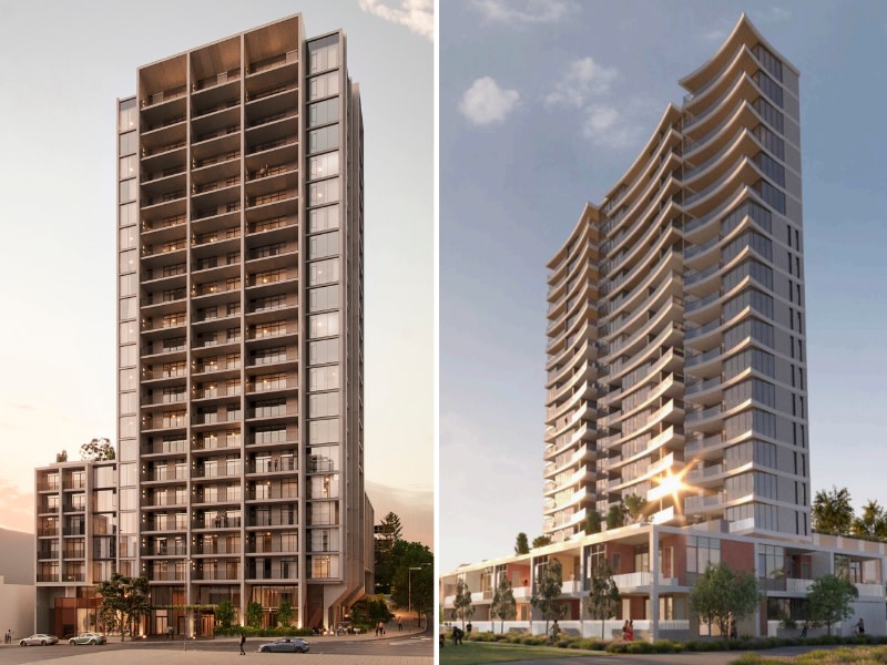 renderings of two towers planned for perth with 5 and three storey podiums