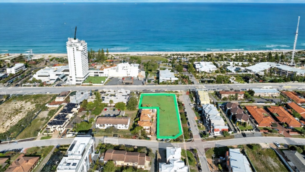 An aerial photo of the site for sale at West Coast Highway at Scarborough.
