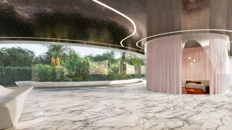 render of the lower levels of a Double Bay Cosmetic Centre with a pink and landscaped interior 