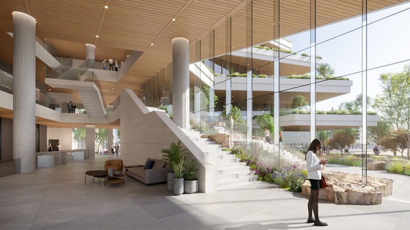 The ground floor will feature cafe and restaurant alfresco areas with the commercial lobby entrance and further permeating to the upper podium’s complementary activities. Image: Architectus