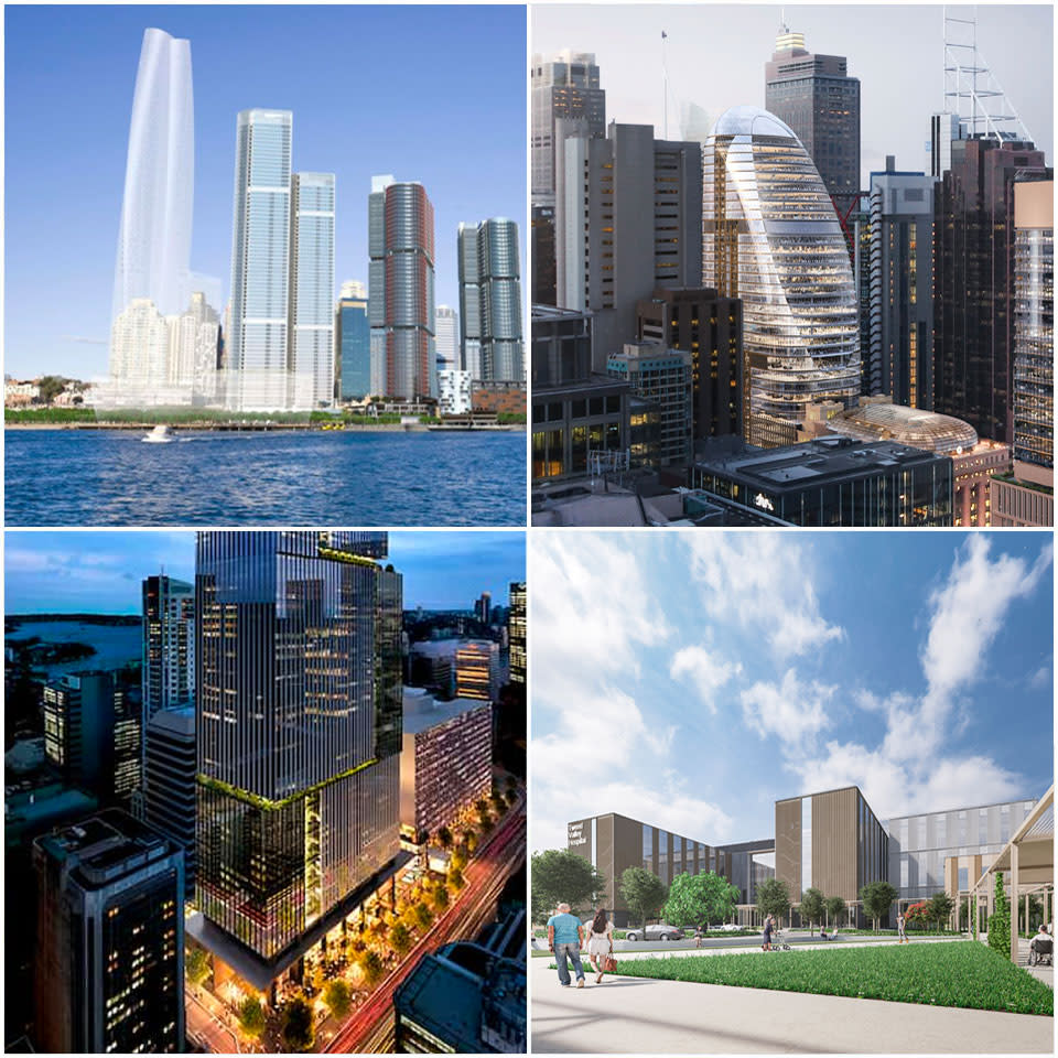 ▲ One Sydney Harbour (top left), Martin Place Metro North Tower over station development (top right), Victoria Cross Station (bottom left), Tweed Valley Hospital (bottom right).