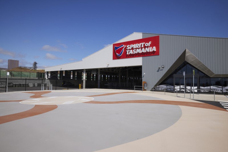 An image of an industrial building with the Spirit of Tasmania logo on it, the passenger entry to the ferry service terminal at the Spirit of Tasmania Quay at Geelong Port in Victoria.