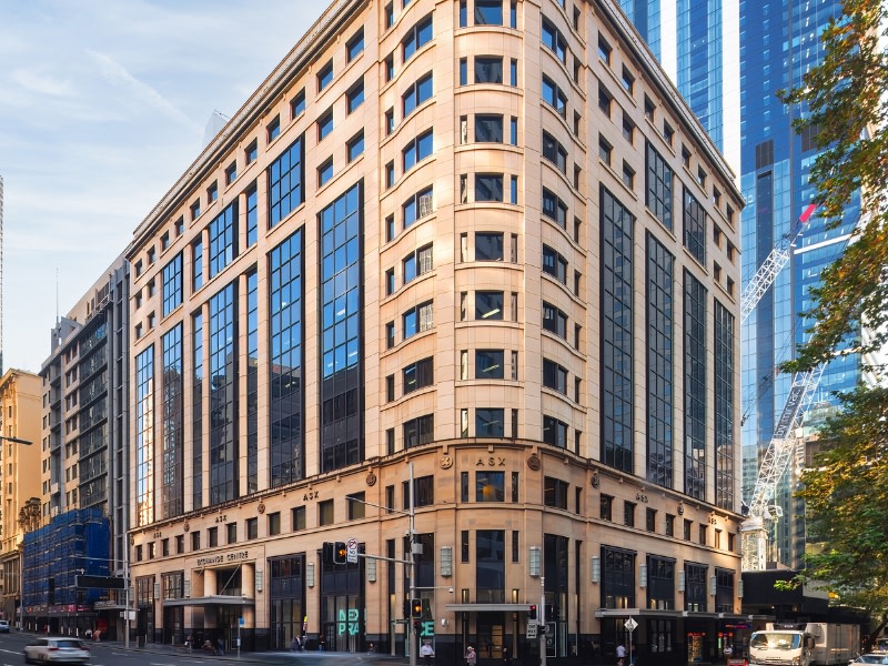 image of the exchange building in sydney from an angle showing two sides of the older style building.