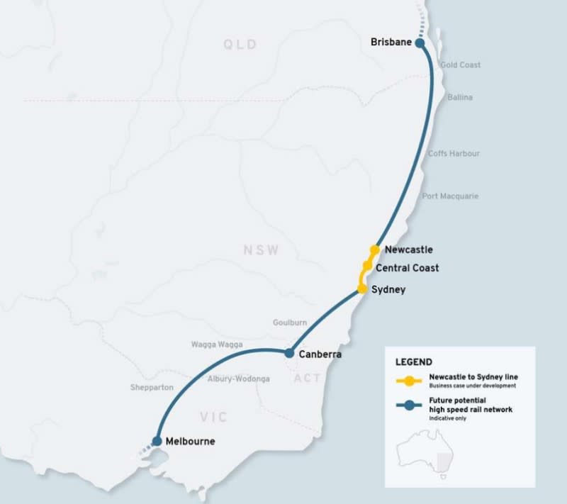 A map of the High Speed Rail project with the first stage from Sydney to Newcastle via the Central Coast.