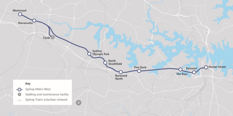 A map of the Sydney Metro West line and the stations between Hunter Street and Parramatta, Westmead.