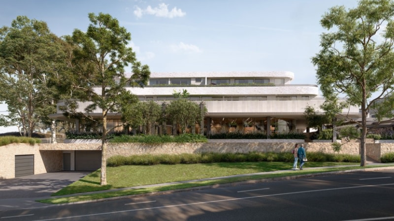 the front of the future forestville rsl club is curvy with native landscaping and basement parking.