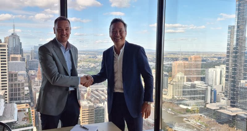 Icon's Victorian director Dan Crawley (left) celebrates the building contract with Greystar managing director Chris Key.