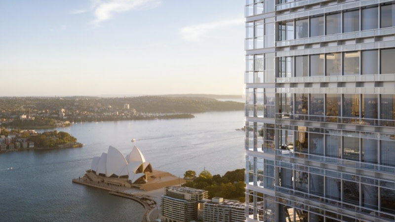 rendering of the side of a residential tower overlooking sydney opera house