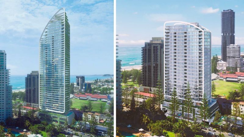 A composite image of the original design for the residential tower (left) and the latest plans, which cut the building to 23 levels.