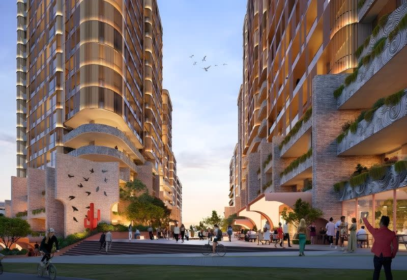 An A+ Design Group rendering of the proposed four-building mixed-use scheme at Cecil Avenue and Roger Avenue, Castle Hill.