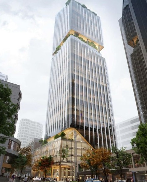 render of a commercial tower in sydney with open space in the middle of the tower.