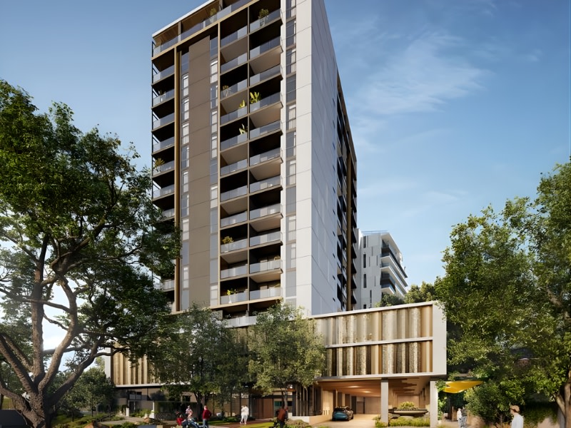 rendering of a 16 level tower with a two storey podium 