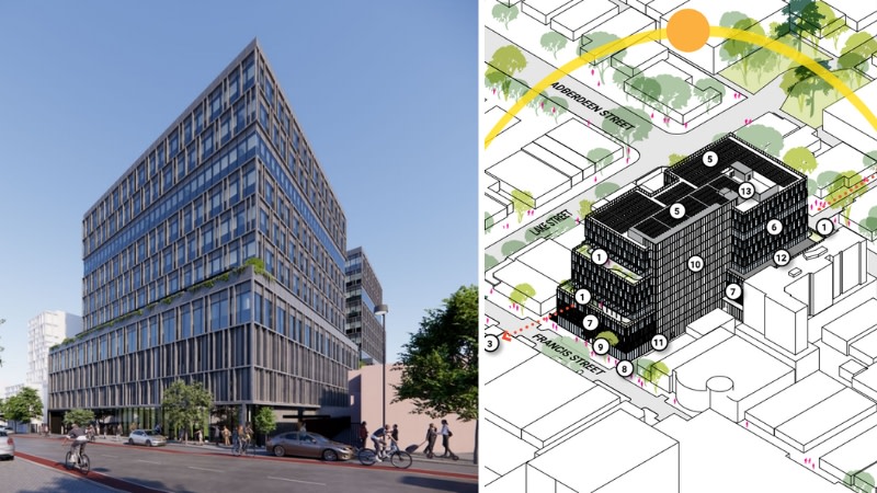 rendering of an 11 storey office building and a image of an overview of the project showing how big it is