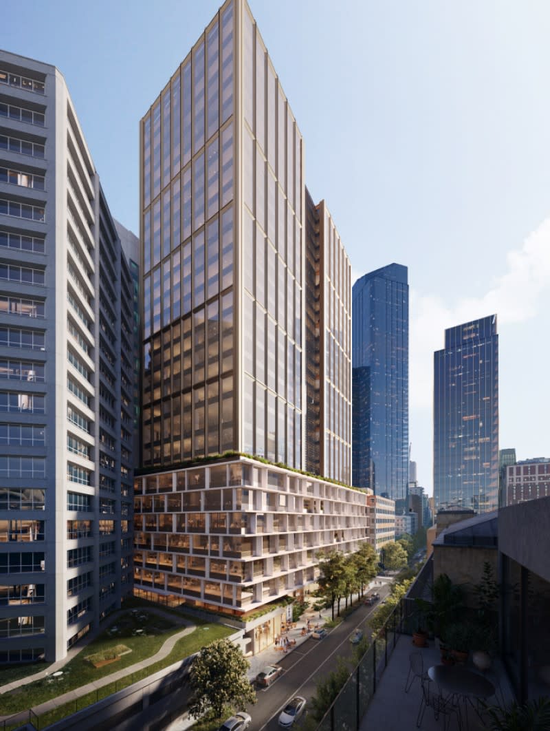 Full length view of Hassell Studio's tower design for Investa's office project on Flinders Lane in Melbourne's CBD.