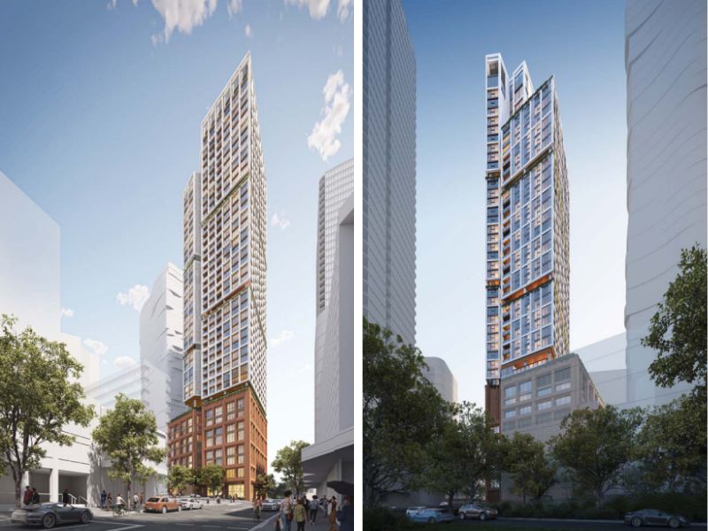 two images showing different sides of a 43-storey tower in St Leonards on the Pacific Highway.
