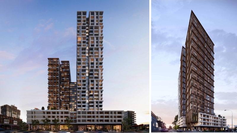 two images of a residential development from the long side and corner showing multiple built forms