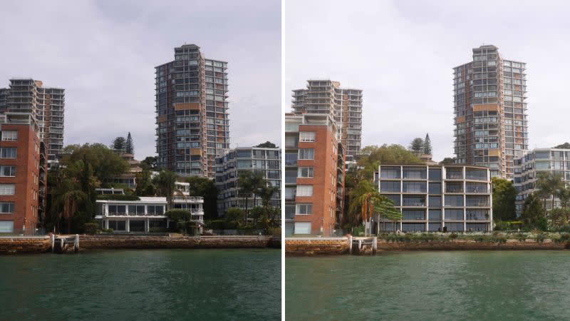 before and after pictures of a development in Darling Point on the water show a home and apartment block on the water will be turned into a single apartment building.