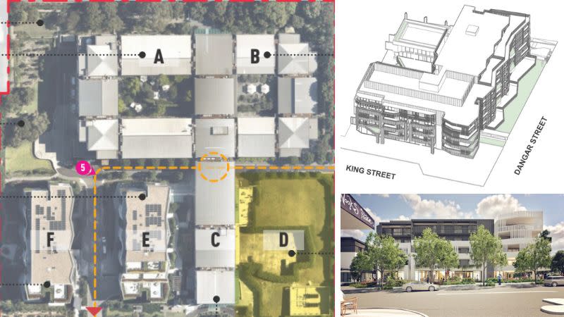 aerial image showing Montefiore Randwick along with an outline of a new building and small render.