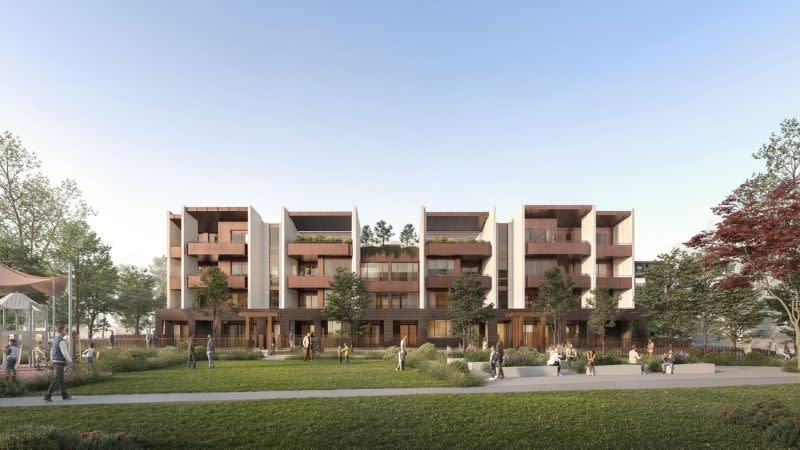 Rendering of Building 2.1 fronting the planned central park within Stage 2A of The Works Corrimal.