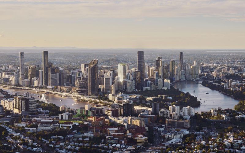 An aerial photo of Brisbane.  The cross-river rail project includes 5.9km of twin tunnels running under the Brisbane River and the central business district.