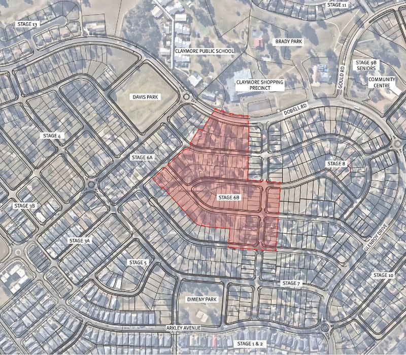 Map of the Claymore Renewal Project's 13 stages, stage 6 in red.