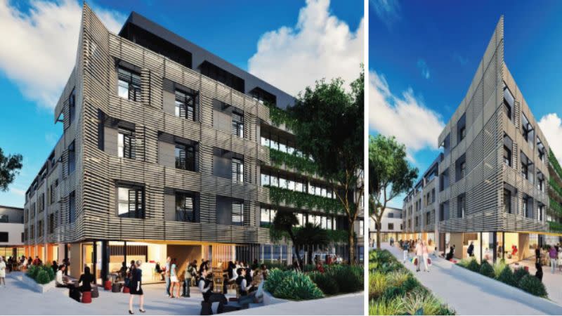 two images of a five storey seniors building with a cafe on the ground floor in Randwick.