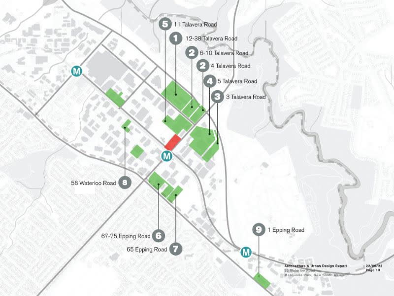 A map with properties in green and red in Macquarie Park, Sydney showing which properties Goodman Group owns.