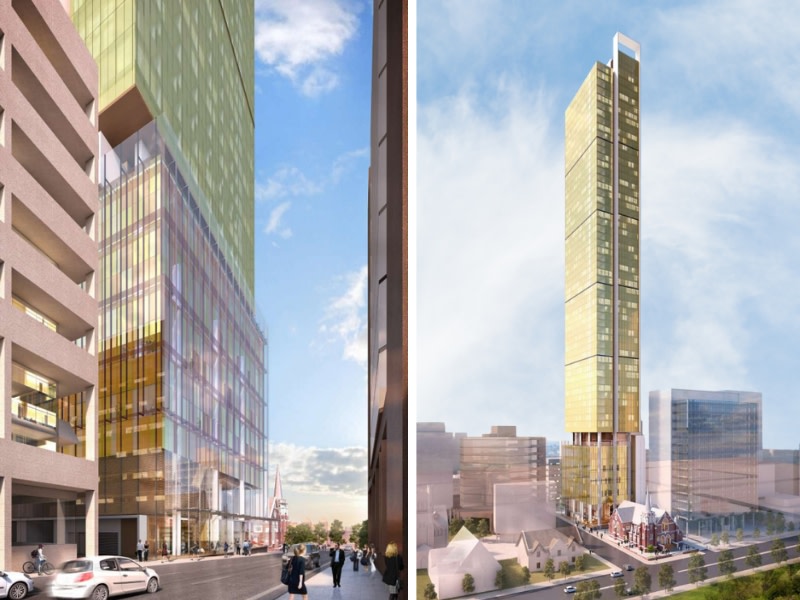two renderings of Perth’s Tallest Tower the first is just the podium and the second of the entire 59 storey building behind a church.