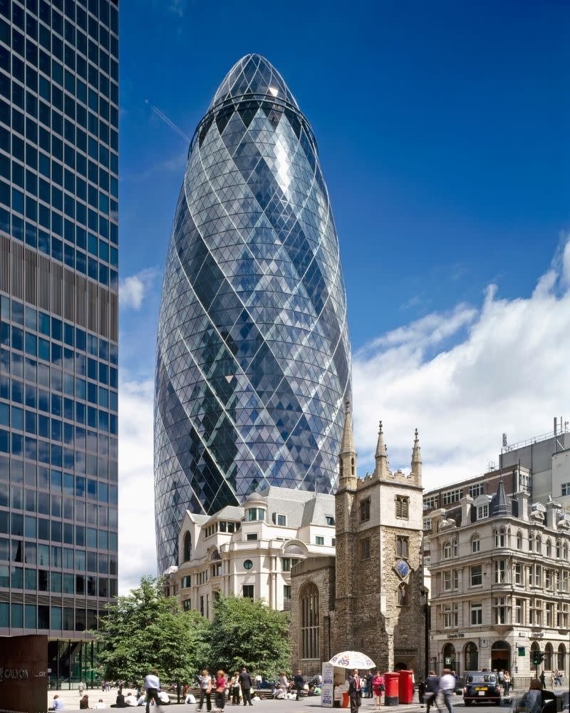 Foster + Partners’ 30 St Mary Axe in London, known as 'the Gherkin', redefined the modern high-rise with its aerodynamic, energy-efficient form.