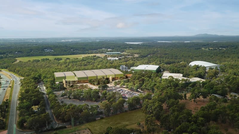 An aerial render of the new Indoor Sports Centre within the Chandler Sports Precinct in Brisbane.