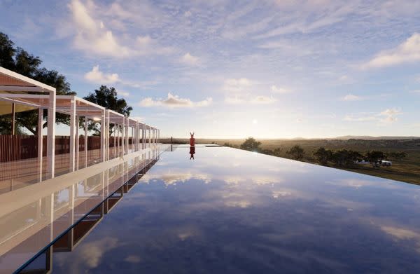 A rendering of Laval Hunter Valley’s 25m pool, with Gillie and Marc artwork looking across the vineyard landscape.