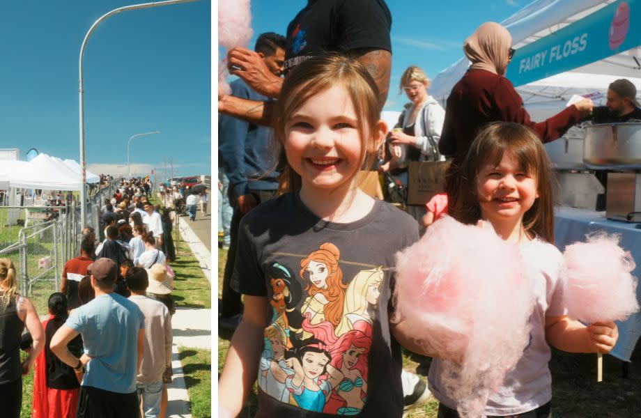 Collage: Queue and kids eating fairy floss at Castle Group fun day in south-west Sydney.