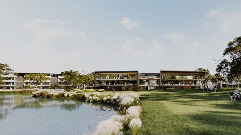 render of the new Cumberland Golf Club which is three storeys and overlooks the 9th hole with seniors housing beside it.