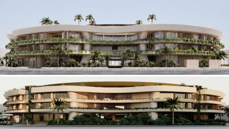 Renderings of the revised plans (top) and original approved proposal for the Mariners Cove redevelopment on The Spit.