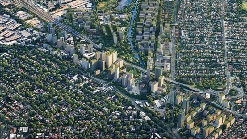 Homebush in the future seen in this artist's impression looking north-west to Sydney Olympic Park with highrises along the rail line.