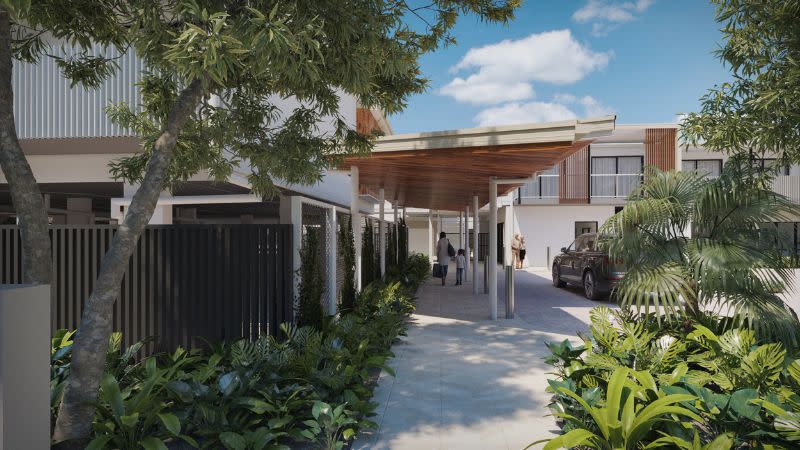 render of a large retirement and aged care facility at Sunrise Beach near Noosa. The low set development has tropical plantings.