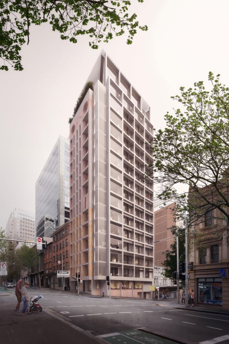 Render of the 17-storey apartment tower proposed for the corner of Erskine and Kent streets in the Sydney CBD.