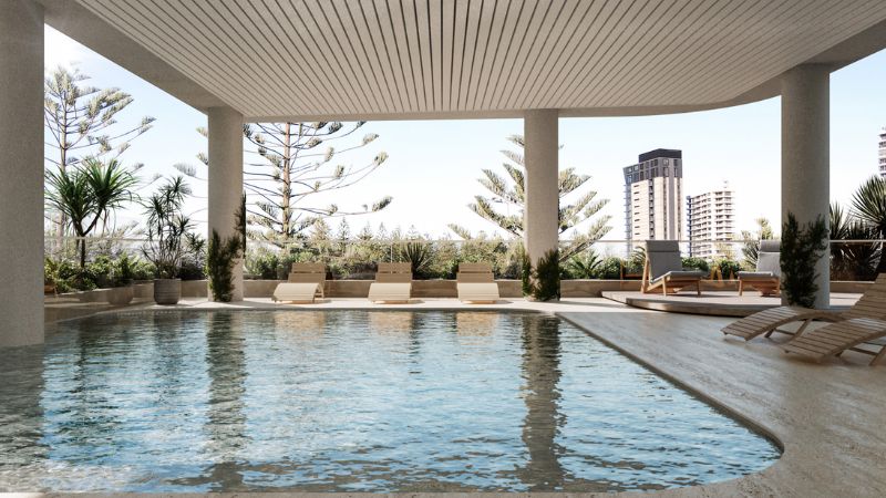 Render of the communal pool and recreation area planned for the podium level of the Broadbeach tower development.