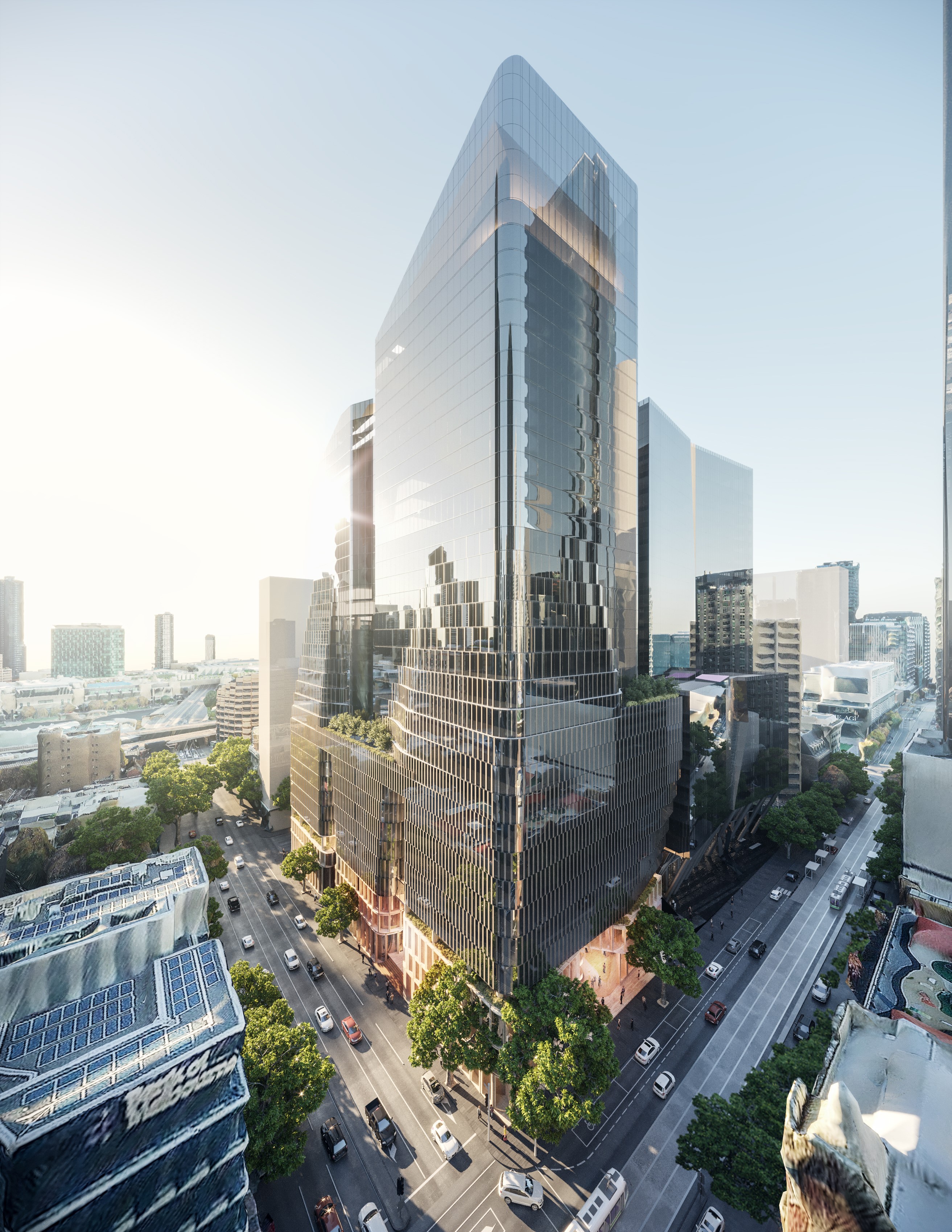 A render of the two-stage premium office development Charter Hall is building at 555 Collins Street. Image: Cox Architecture