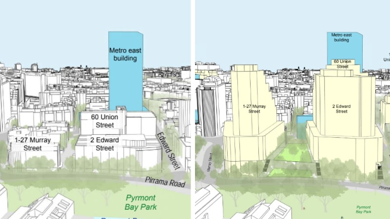 two images side by side showing the existing buildings in Prymont near the metro east building and how they could more than double in size.