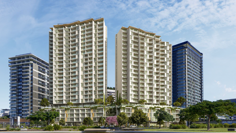 A render of LIV Anura residences, located right near shopping precinct Gasworks plaza.