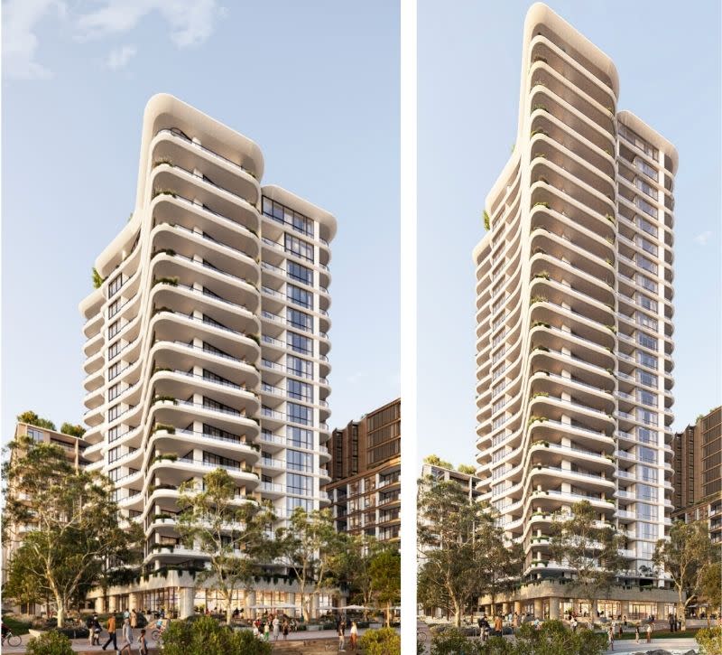 SJB renderings show Building F before and after the approved uplift, with the Rhodes tower increasing from 17 to 25 storeys.