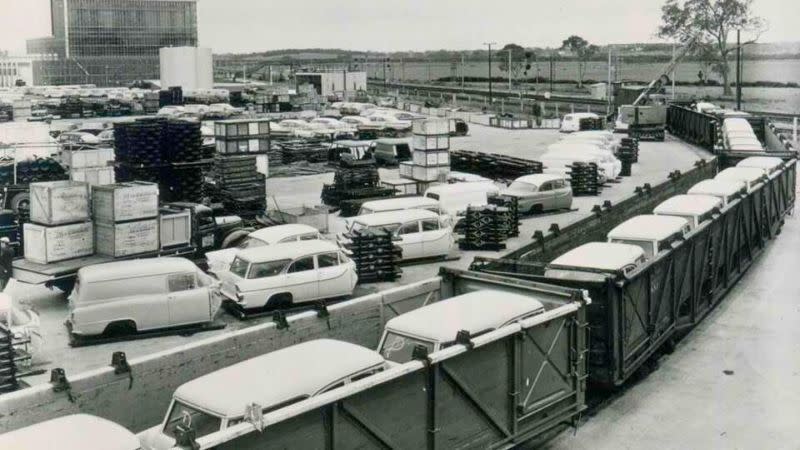 General Motors Holden's plant in Dandenong, in about 1960. The company had its own railway siding built, which while abandoned, still exists today.