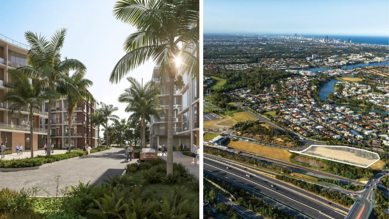 A concept rendering of a medium-rise vision (right) for the trackside Varsity Lakes site marked in an aerial view (left).