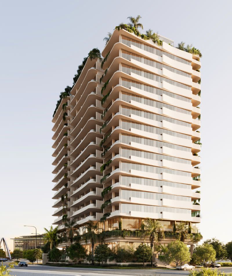 A rendering of the approved 15-storey tower to rise from a 1792sq m riverfront site at 92 Kingsford Smith Drive in the city’s inner-north.