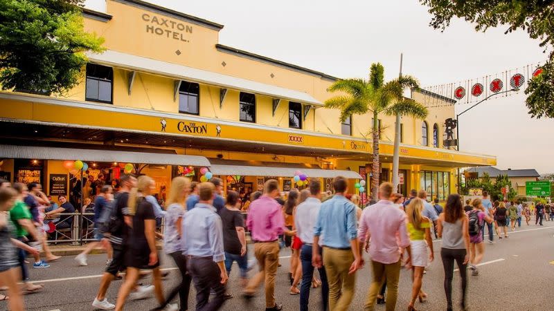 On the march outside inner-city Brisbane's Caxton Hotel.