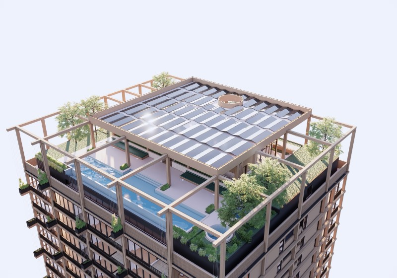 Aria's Trellis project with the extended rooftop to allow for a solar array that will power the building's communal areas. Source: Aria Property Group.