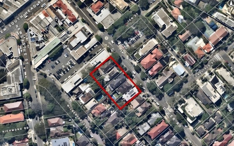 Aerial view showing the 2657sq m site at 23–31 Dover Road, outlined in red.