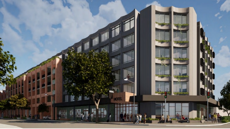 rendering of a black and green hotel at a corner in Fremantle
