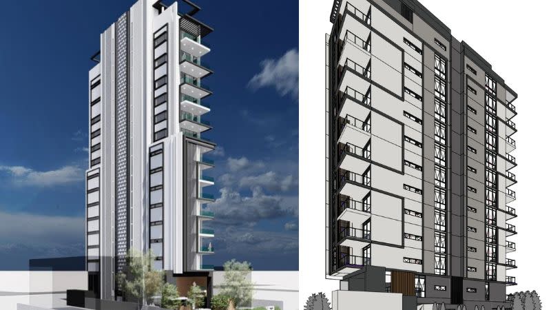 Renders of the approved Broadbeach tower plans (left) and the revised solely SDA proposal.